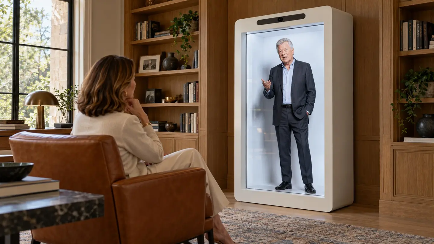 In a private library, a woman in a leather armchair listens to a life-size founder speaking from a tall illuminated display.